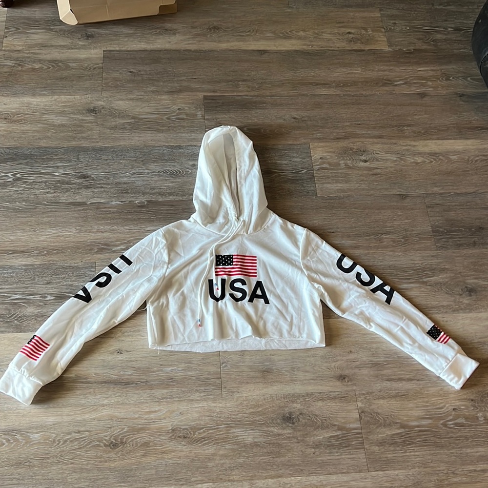 USA white cropped hoodie